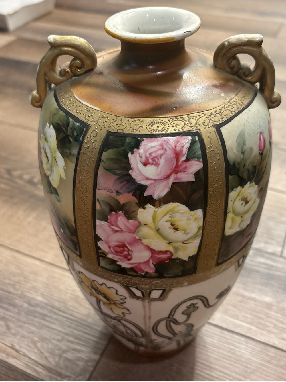 Large 13” Antique Nippon Hand Painted Gilted Gold Beaded 3 Handled Rose Vase